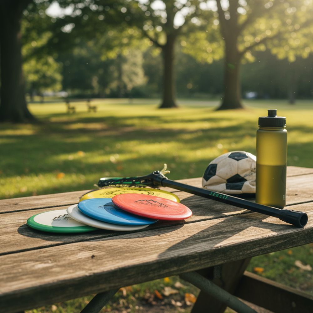 Colorful disc golf discs, a soccer ball, and a water bottle on a wooden table in a park.