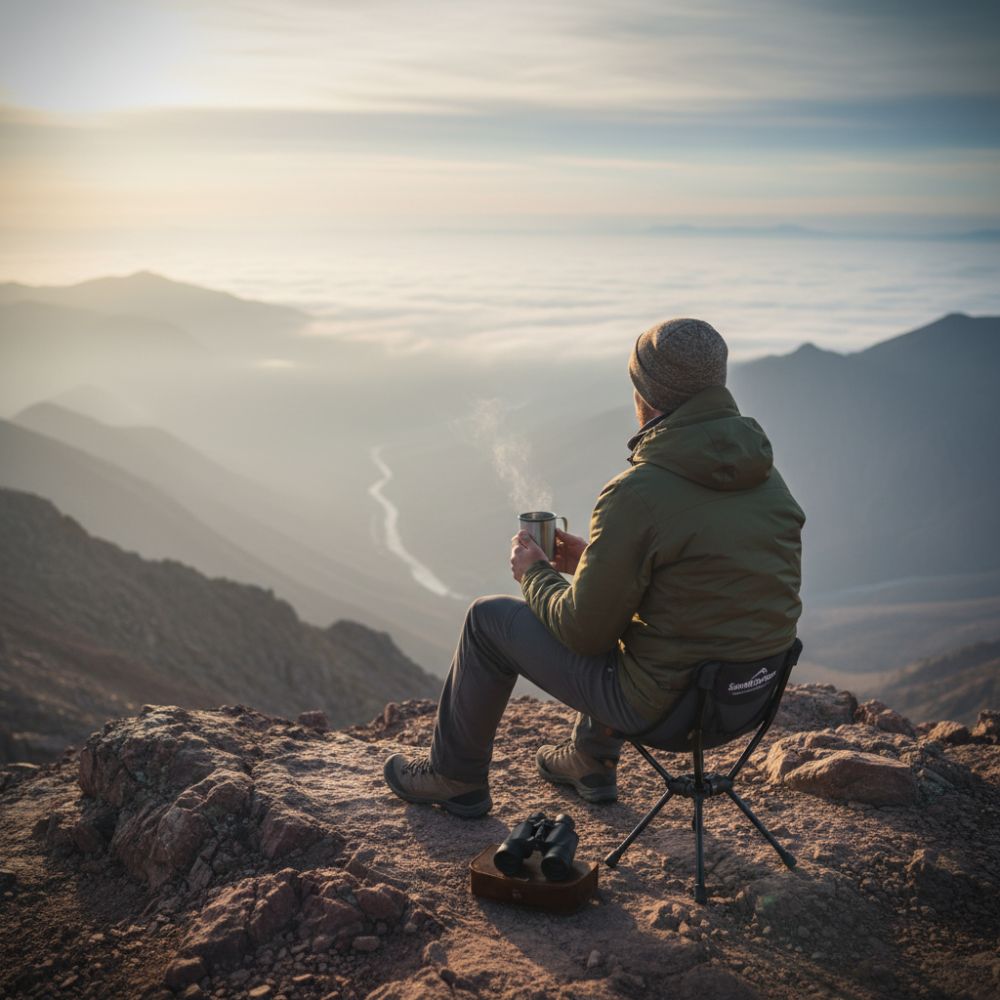 Person sitting on a chair at the top of a mountain, enjoying the view with a cup in hand.