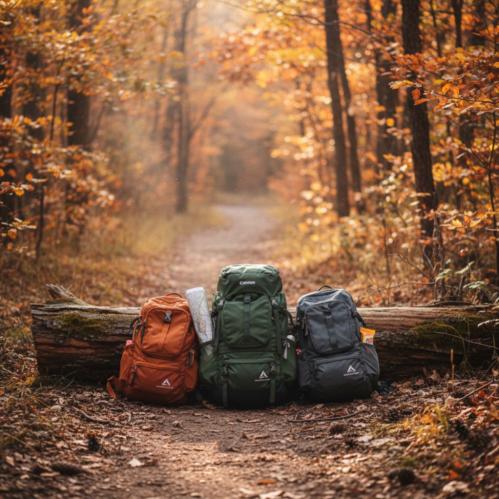 Three backpacks on a log in a forest during autumn.