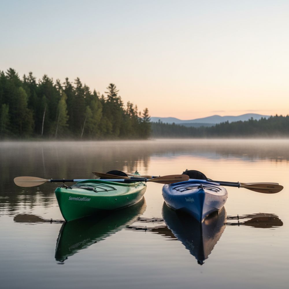 Two kayaks on a calm lake with a forest and mountains in the background during sunrise or sunset.