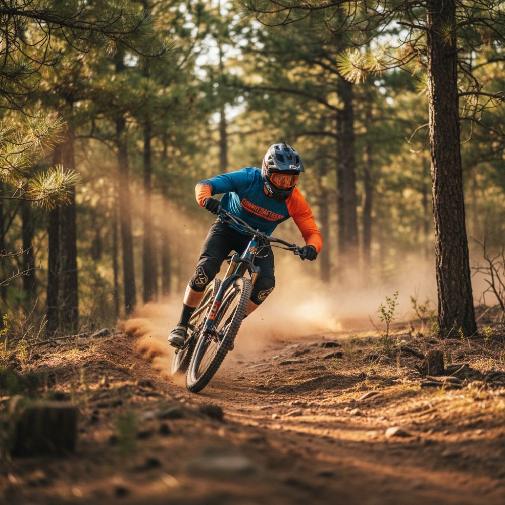 Person riding a mountain bike on a dirt trail through a forest