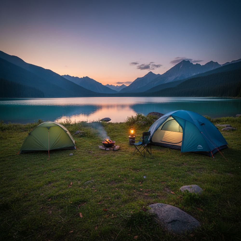 Two tents set up by a lake with mountains in the background during sunset.