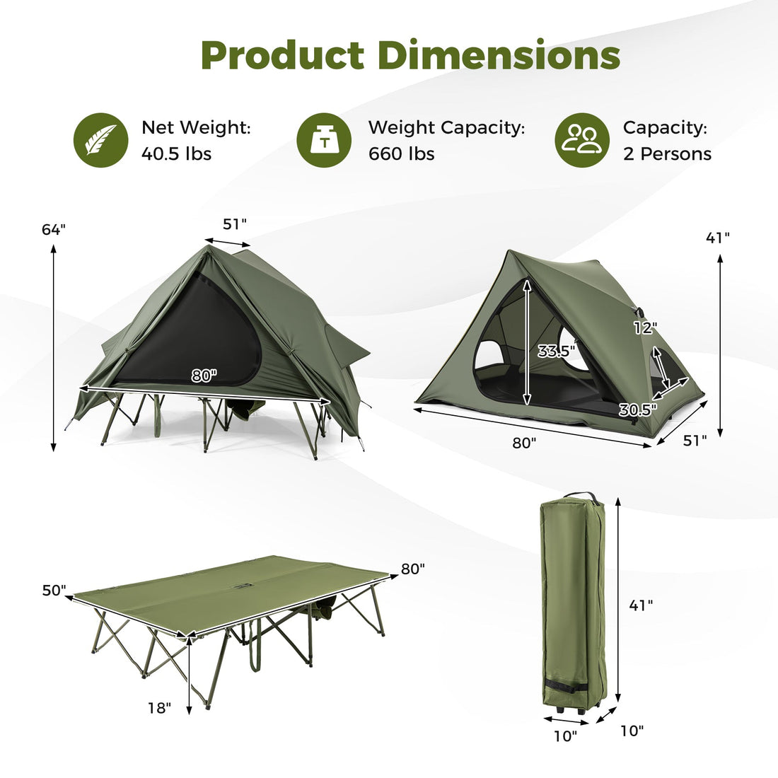 Foldable 2 Person Camping Cot Tent with Portable Wheeled Bag