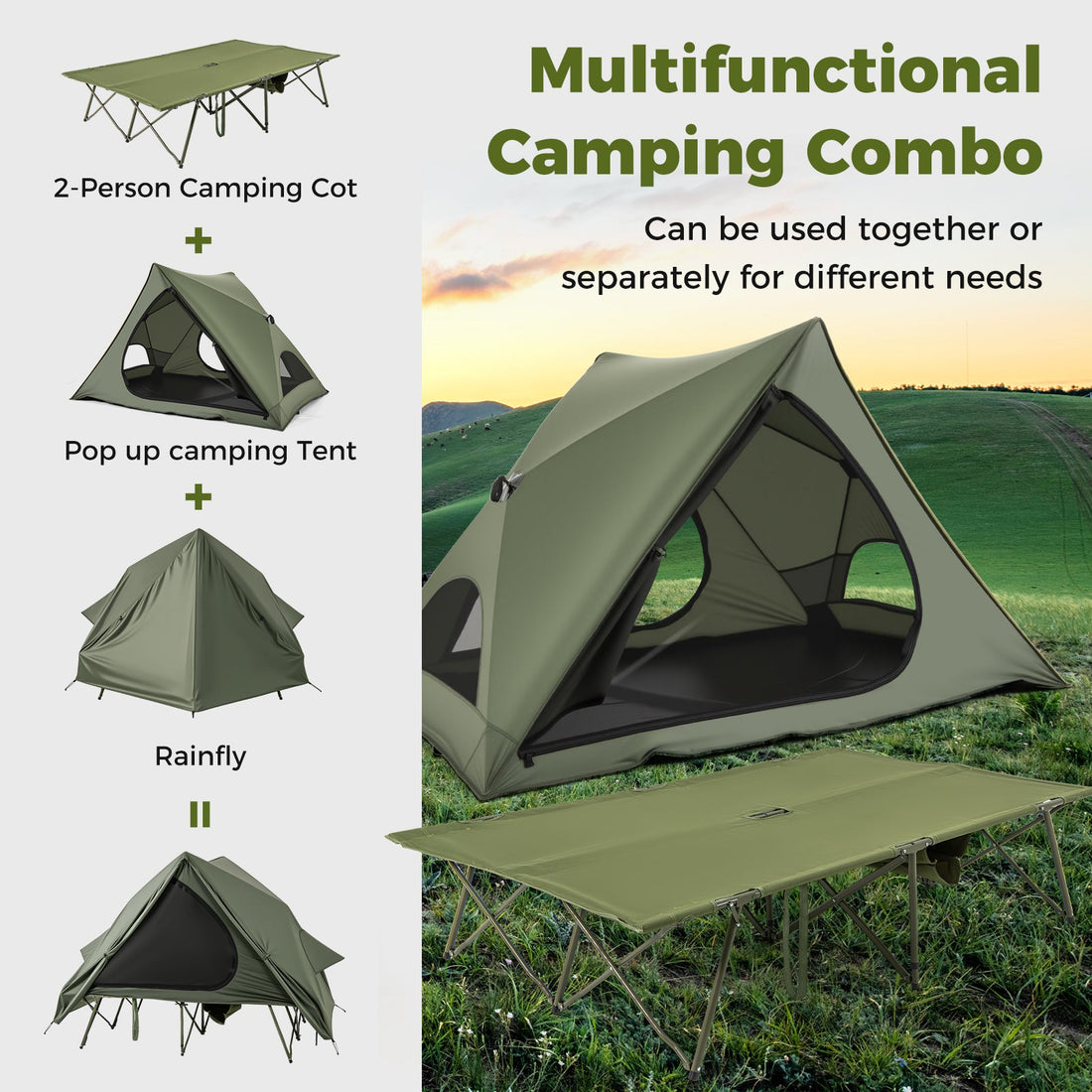 Foldable 2 Person Camping Cot Tent with Portable Wheeled Bag