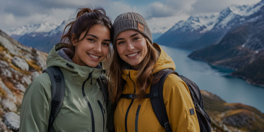 Two people posing for a photo with a scenic mountain and lake background