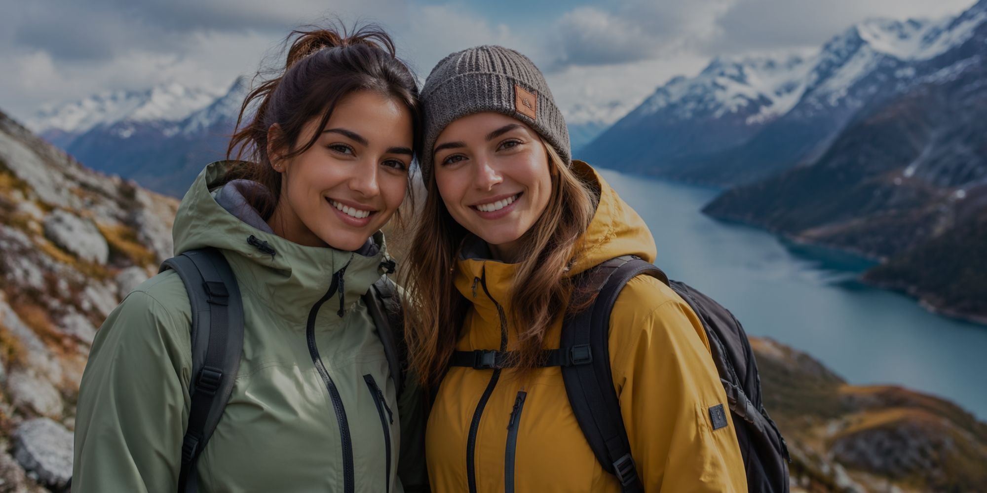 Two people posing for a photo with a scenic mountain and lake background