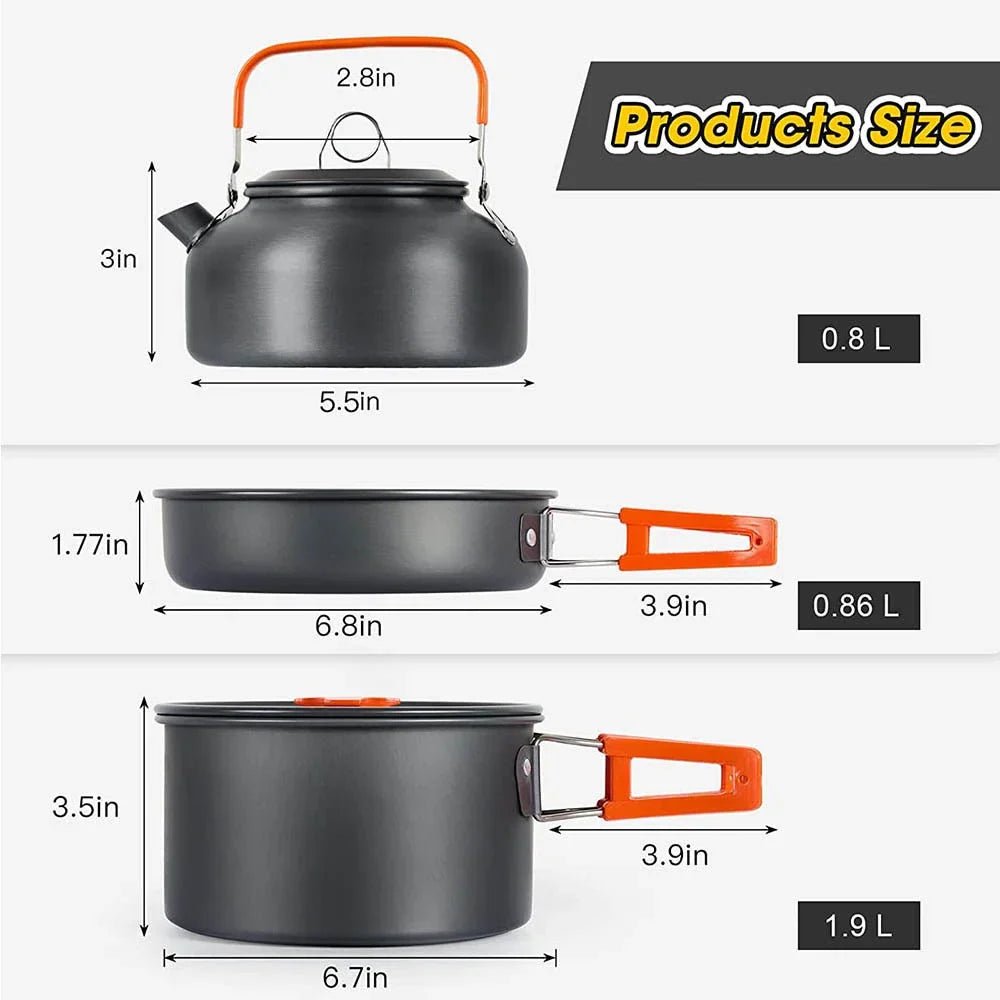 Complete Camping Kitchen Cookware Tableware & Teapot for 2-3
