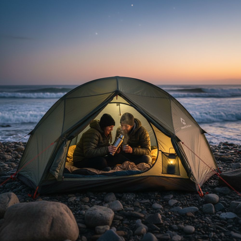 Two people inside a tent on a beach at night, surrounded by ocean waves.