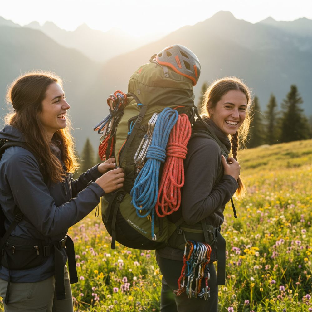 Two women in a field with climbing gear, smiling at each other.